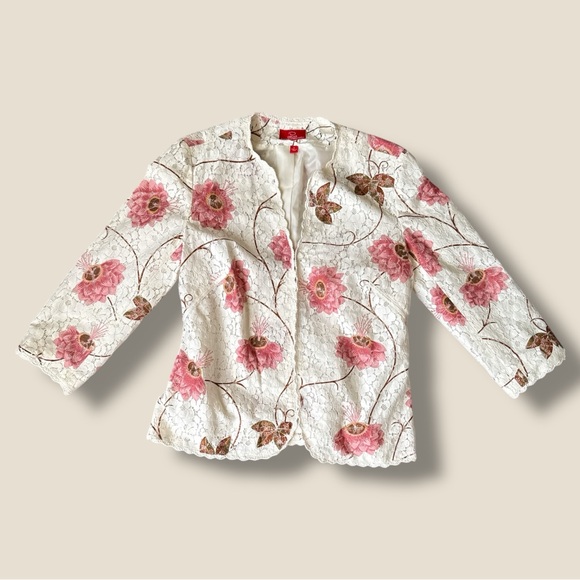 Oscar by Oscar de la Renta Cream/Pink Floral Lace Jacket Size 8 - Picture 2 of 12